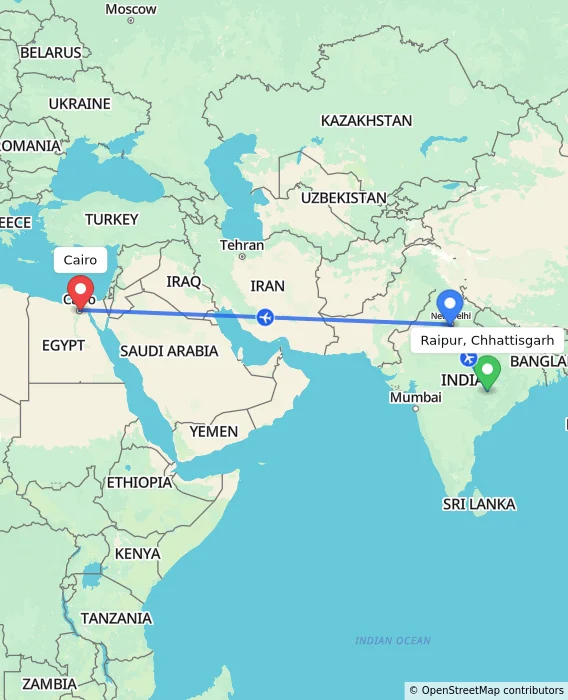 Route map showing distance and travel time from Raipur, Chhattisgarh, India to Cairo, Egypt