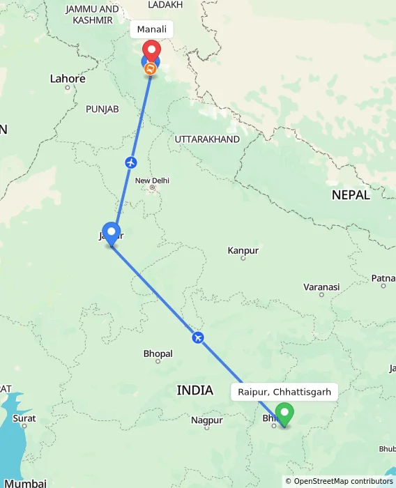 Route map showing distance and travel time from Raipur, Chhattisgarh, India to Manali, India