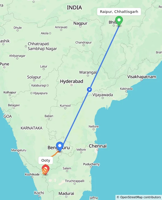 Route map showing distance and travel time from Raipur, Chhattisgarh, India to Ooty, India