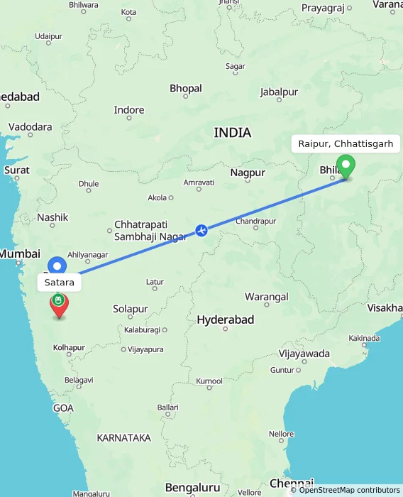 Route map showing distance and travel time from Raipur, Chhattisgarh, India to Satara, India