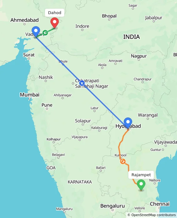 Route map showing distance and travel time from Rajampet, India to Dahod, India