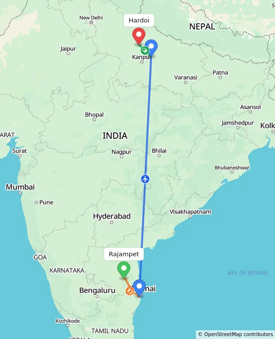 Route map showing distance and travel time from Rajampet, India to Hardoi, India