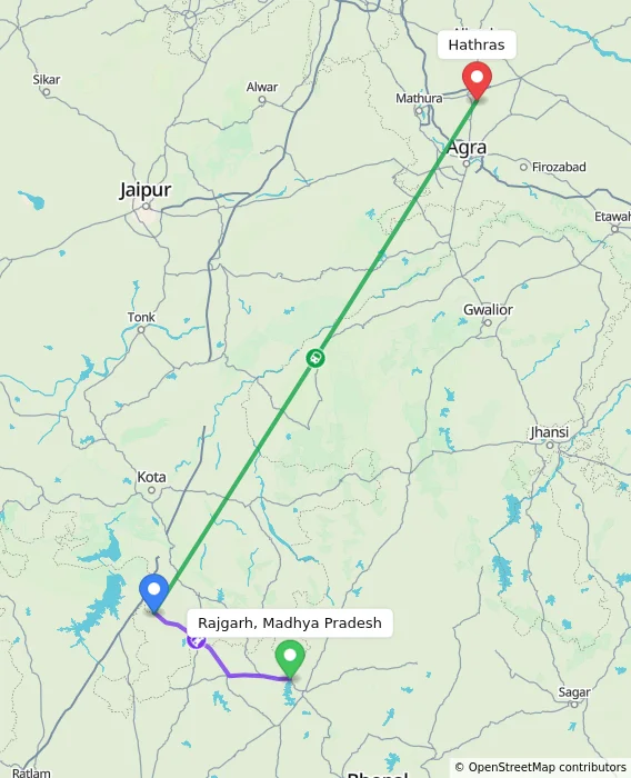 Route map showing distance and travel time from Rajgarh, Madhya Pradesh, India to Hathras, India