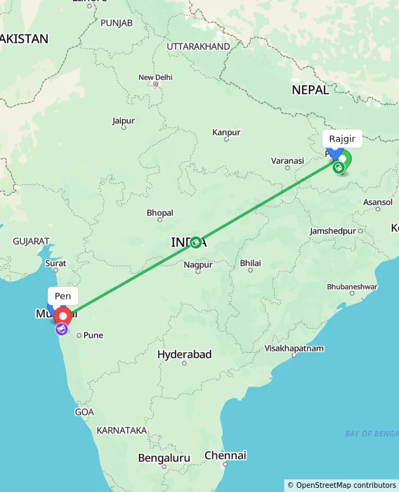 Route map showing distance and travel time from Rajgir, India to Pen, India