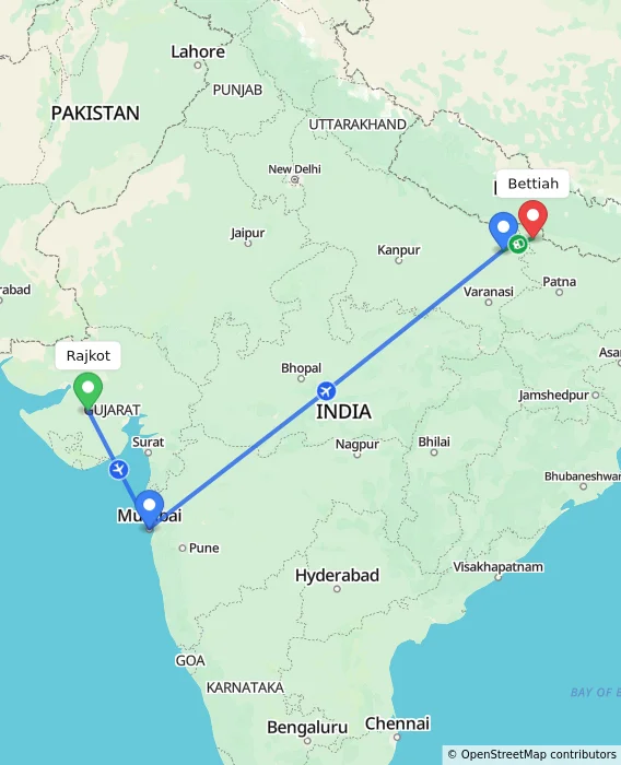 Route map showing distance and travel time from Rajkot, India to Bettiah, India