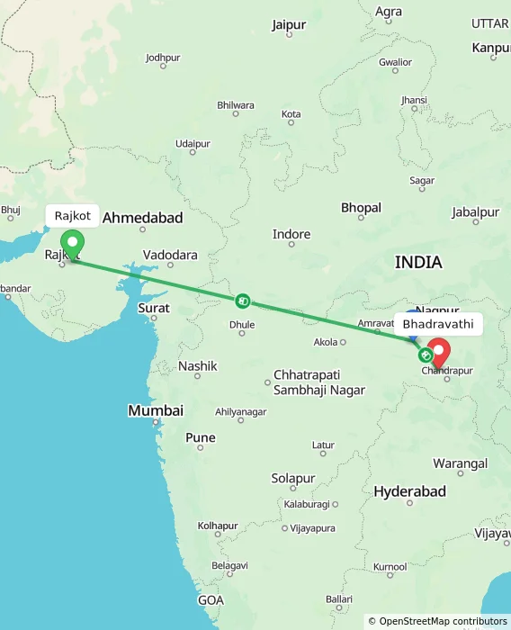 Route map showing distance and travel time from Rajkot, India to Bhadravathi, India