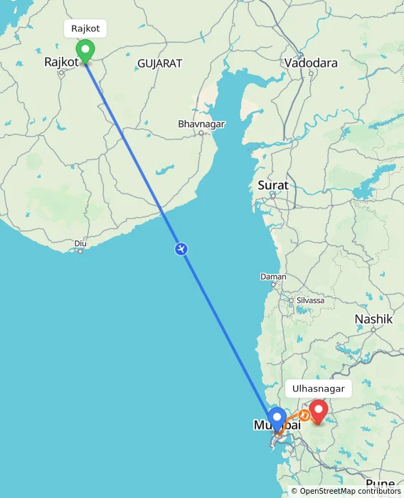 Route map showing distance and travel time from Rajkot, India to Ulhasnagar, India