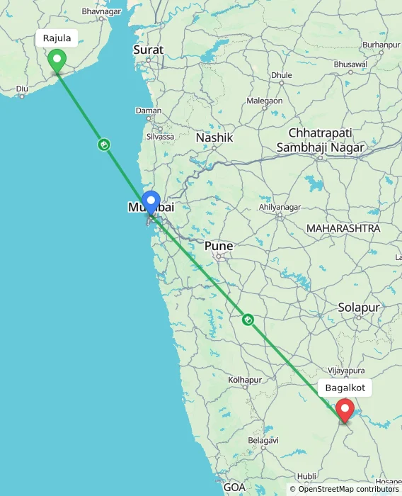 Route map showing distance and travel time from Rajula, India to Bagalkot, India