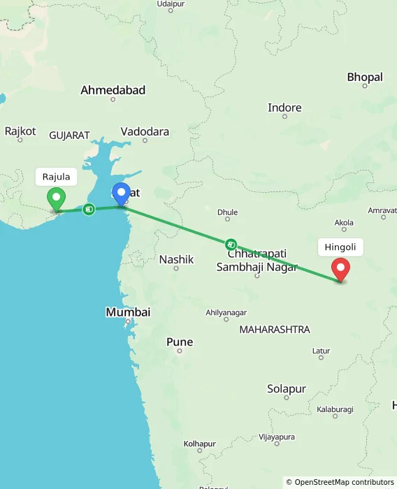 Route map showing distance and travel time from Rajula, India to Hingoli, India