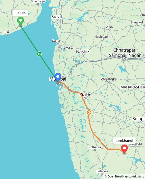 Route map showing distance and travel time from Rajula, India to Jamkhandi, India