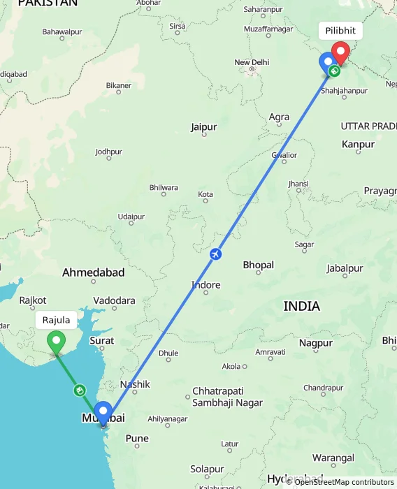 Route map showing distance and travel time from Rajula, India to Pilibhit, India
