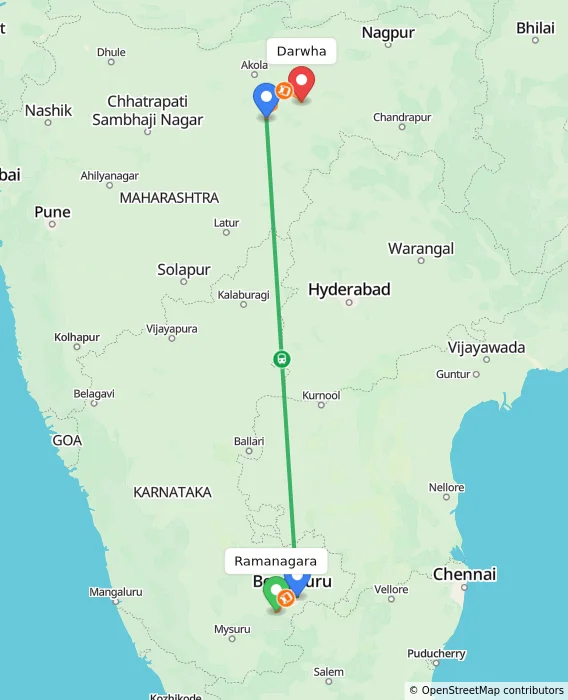 Route map showing distance and travel time from Ramanagara, India to Darwha, India