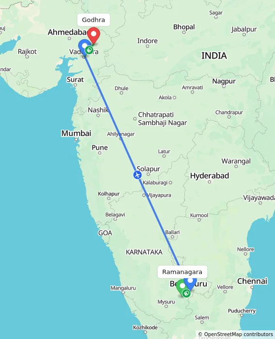Route map showing distance and travel time from Ramanagara, India to Godhra, India