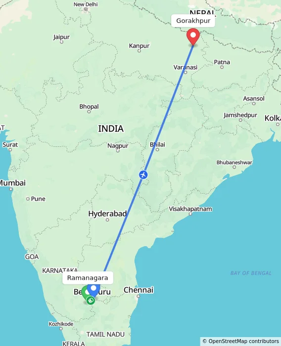 Route map showing distance and travel time from Ramanagara, India to Gorakhpur, India
