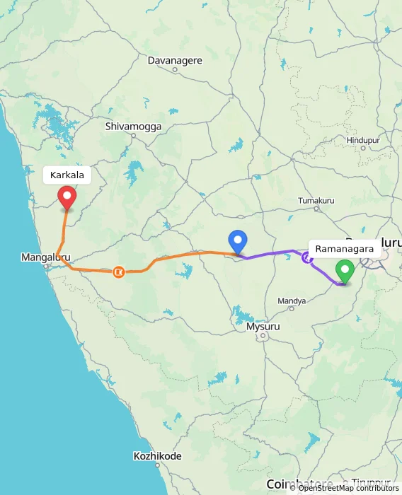 Route map showing distance and travel time from Ramanagara, India to Karkala, India