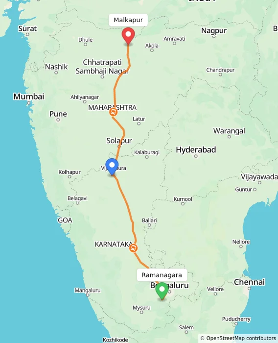 Route map showing distance and travel time from Ramanagara, India to Malkapur, India