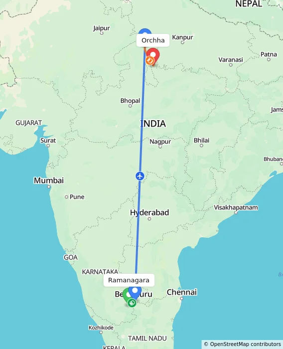 Route map showing distance and travel time from Ramanagara, India to Orchha, India
