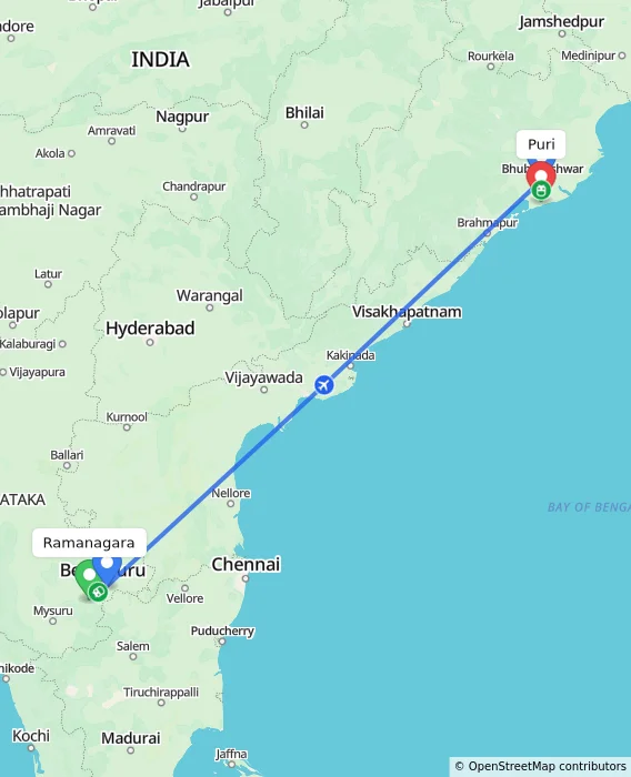 Route map showing distance and travel time from Ramanagara, India to Puri, India