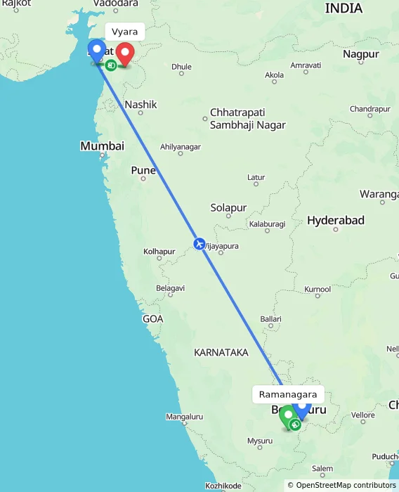 Route map showing distance and travel time from Ramanagara, India to Vyara, India