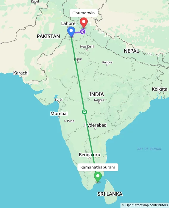 Route map showing distance and travel time from Ramanathapuram, India to Ghumarwin, India