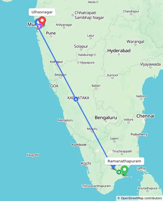 Route map showing distance and travel time from Ramanathapuram, India to Ulhasnagar, India