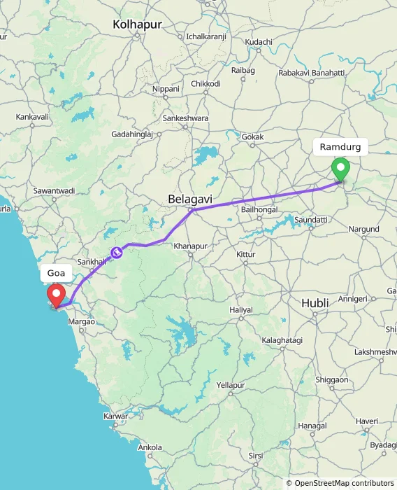 Route map showing distance and travel time from Ramdurg, India to Goa, India