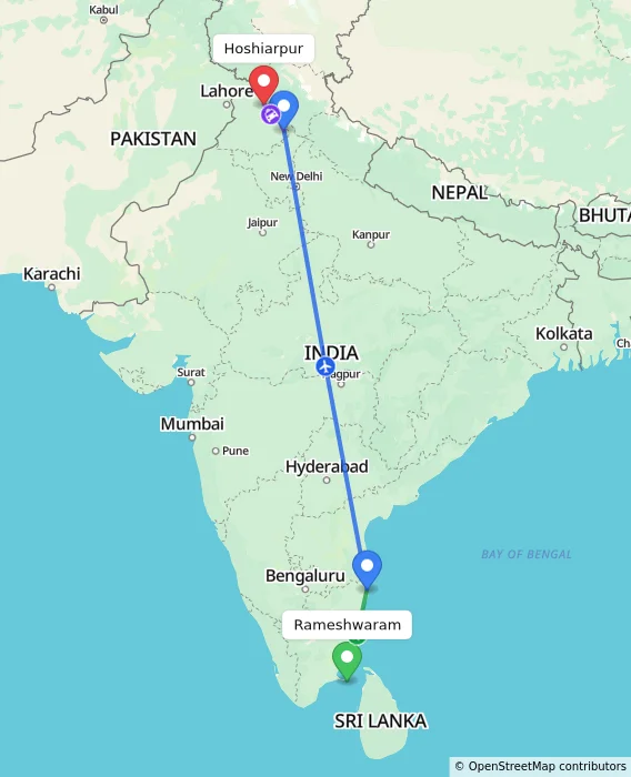 Route map showing distance and travel time from Rameshwaram, India to Hoshiarpur, India