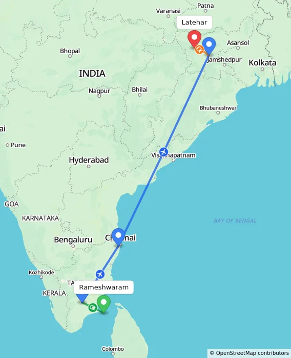 Route map showing distance and travel time from Rameshwaram, India to Latehar, India