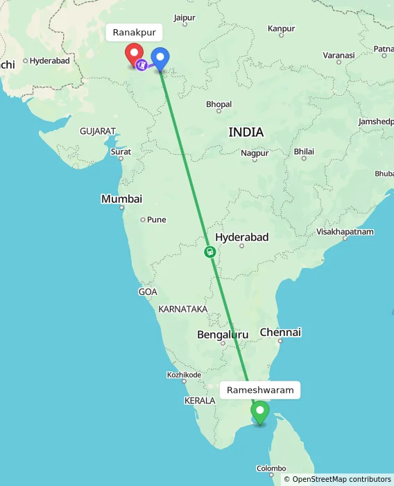 Route map showing distance and travel time from Rameshwaram, India to Ranakpur, India
