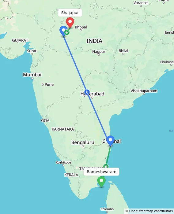 Route map showing distance and travel time from Rameshwaram, India to Shajapur, India