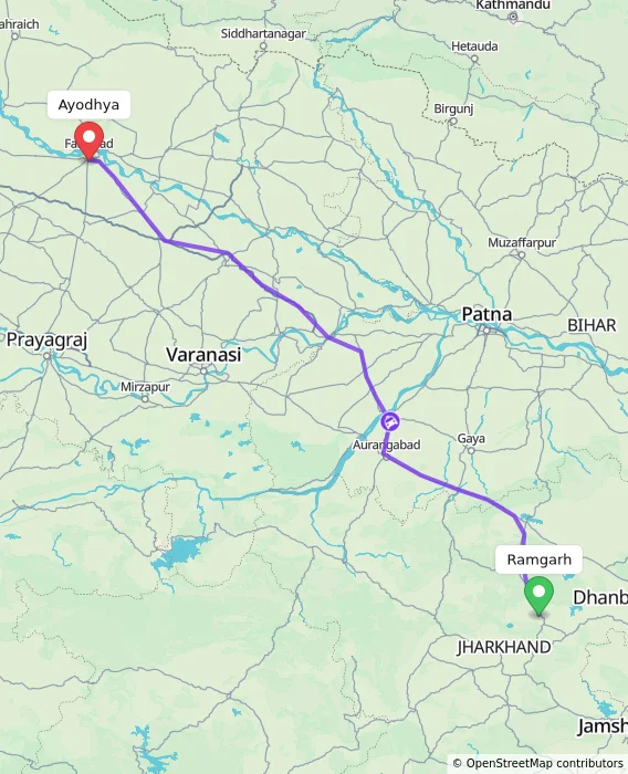 Route map showing distance and travel time from Ramgarh, India to Ayodhya, India