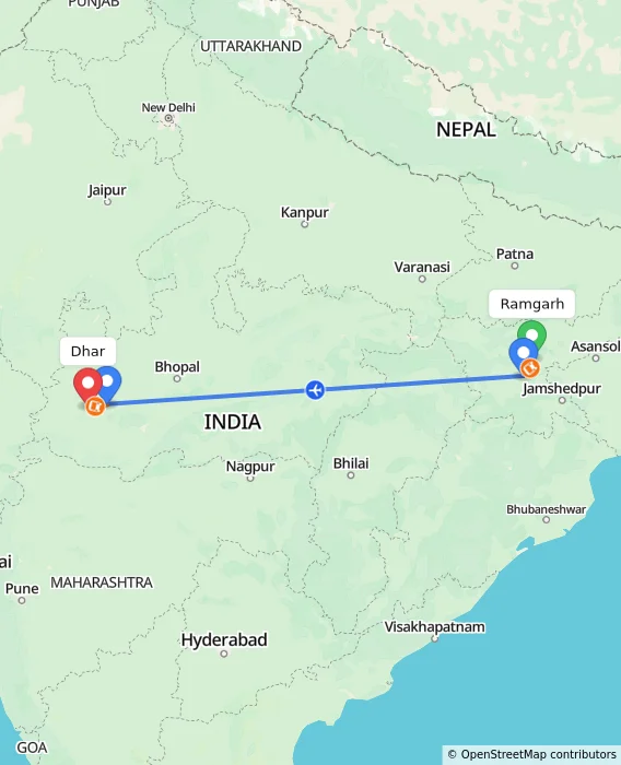 Route map showing distance and travel time from Ramgarh, India to Dhar, India