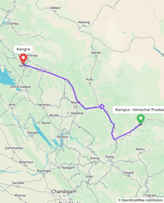 Route map showing distance and travel time from Rampur, Himachal Pradesh, India to Kangra, India