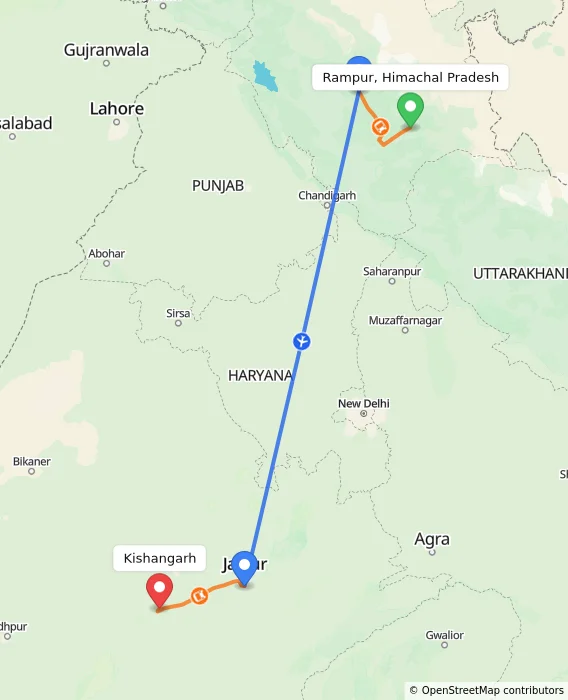 Route map showing distance and travel time from Rampur, Himachal Pradesh, India to Kishangarh, India