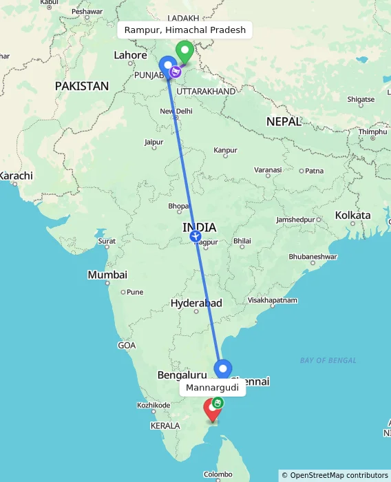 Route map showing distance and travel time from Rampur, Himachal Pradesh, India to Mannargudi, India