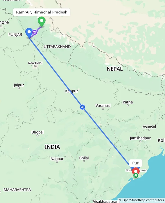 Route map showing distance and travel time from Rampur, Himachal Pradesh, India to Puri, India
