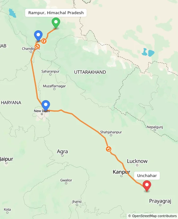 Route map showing distance and travel time from Rampur, Himachal Pradesh, India to Unchahar, India