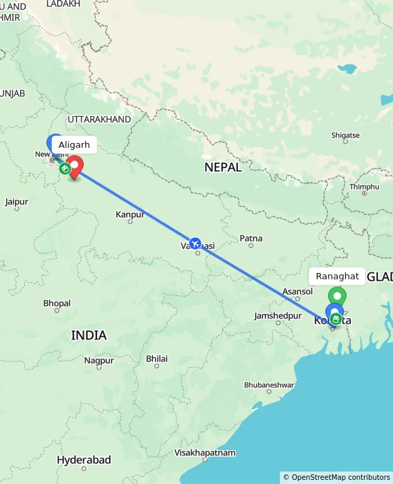 Route map showing distance and travel time from Ranaghat, India to Aligarh, India