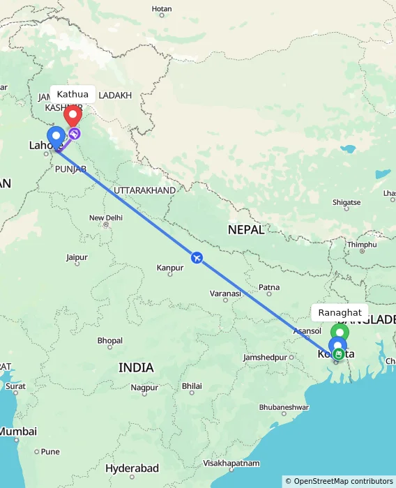Route map showing distance and travel time from Ranaghat, India to Kathua, India