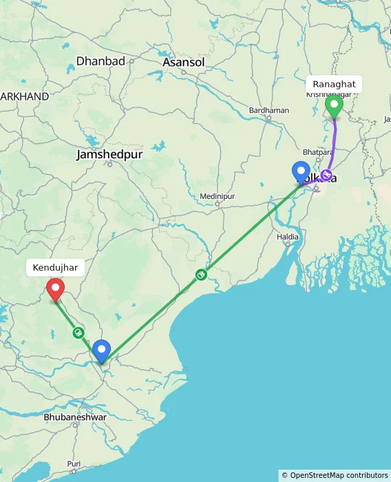 Route map showing distance and travel time from Ranaghat, India to Kendujhar, India