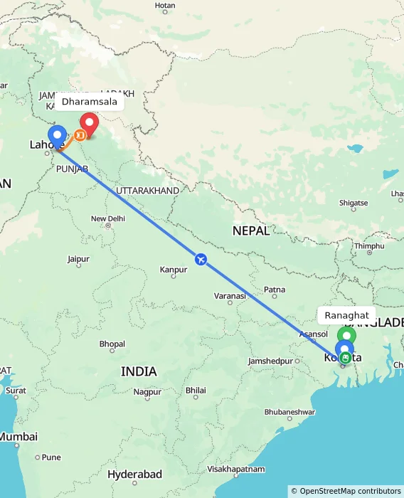 Route map showing distance and travel time from Ranaghat, India to Dharamsala, India