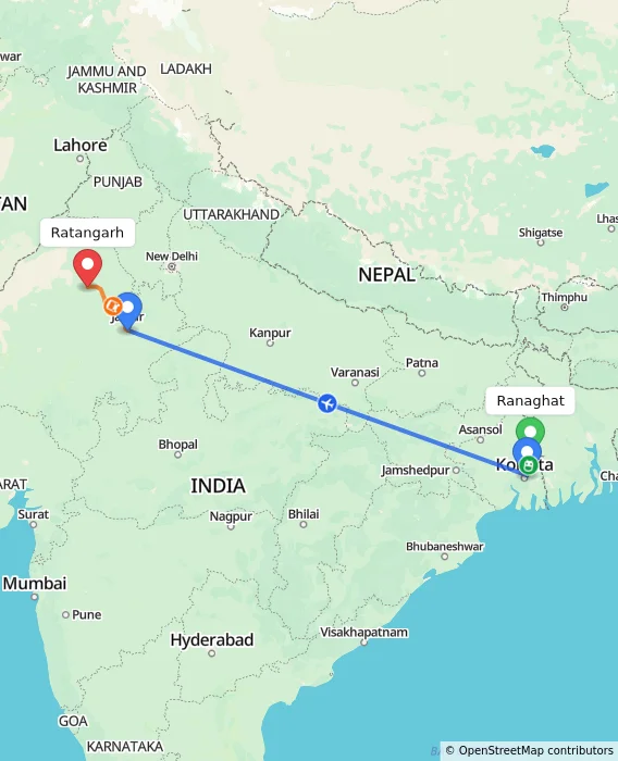 Route map showing distance and travel time from Ranaghat, India to Ratangarh, India