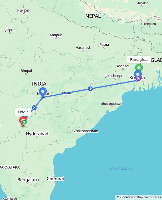 Route map showing distance and travel time from Ranaghat, India to Udgir, India