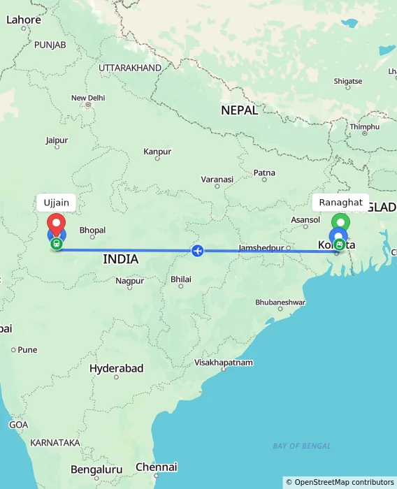 Route map showing distance and travel time from Ranaghat, India to Ujjain, India