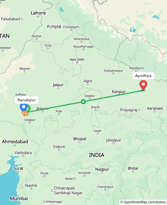 Route map showing distance and travel time from Ranakpur, India to Ayodhya, India