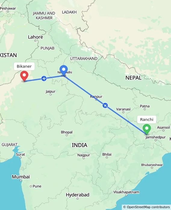Route map showing distance and travel time from Ranchi, India to Bikaner, India