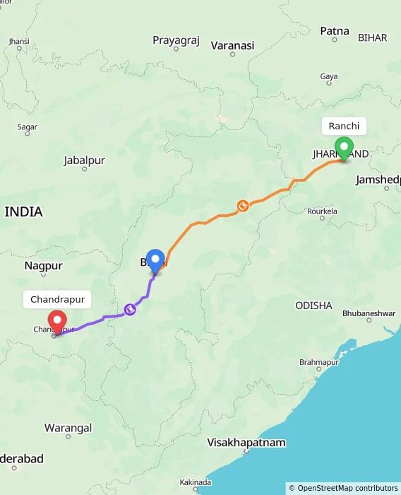 Route map showing distance and travel time from Ranchi, India to Chandrapur, India