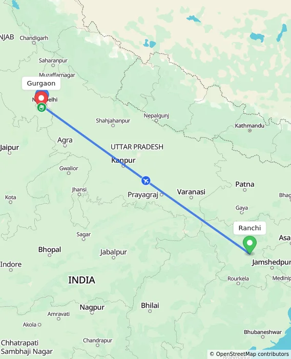 Route map showing distance and travel time from Ranchi, India to Gurgaon, India