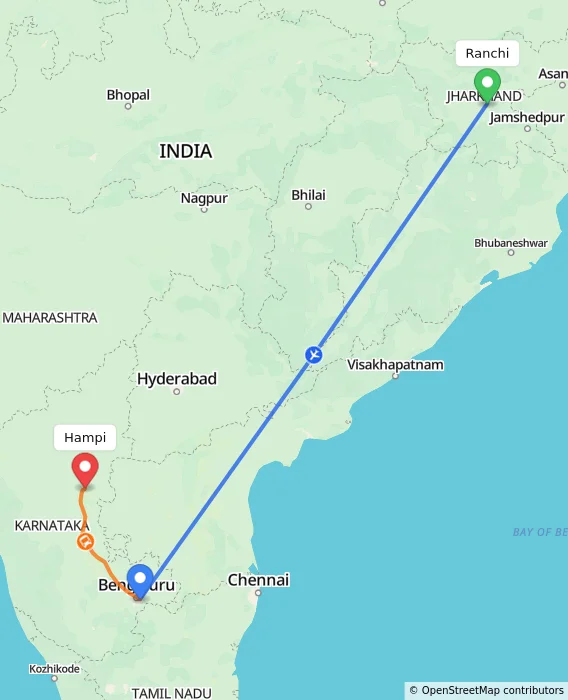 Route map showing distance and travel time from Ranchi, India to Hampi, India