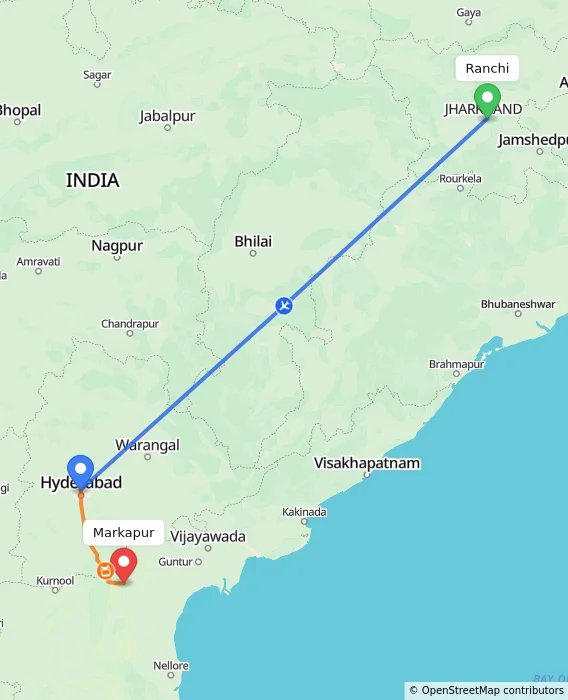 Route map showing distance and travel time from Ranchi, India to Markapur, India
